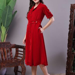 Women's Red Velvet Solid Printed Shirt Midi Dress with Belt