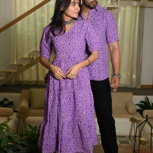 Couple Matching Purple Cotton Anarkali Midi Dress and Shirt Set ? Geometric Wave Print