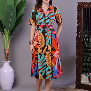 Women's Leaf Print Button-Down Cotton Midi Dress